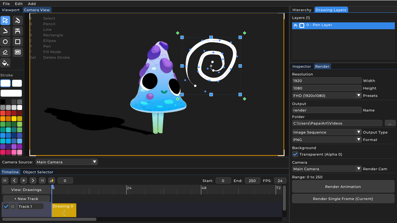 PapaiArt Animation Studio — frame-by-frame 2D vector drawing inside the 3D viewport