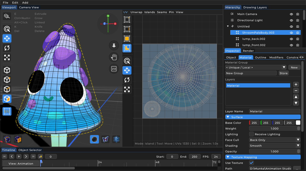UV editor and texture coordinate manipulation in PapaiArt Animation Studio