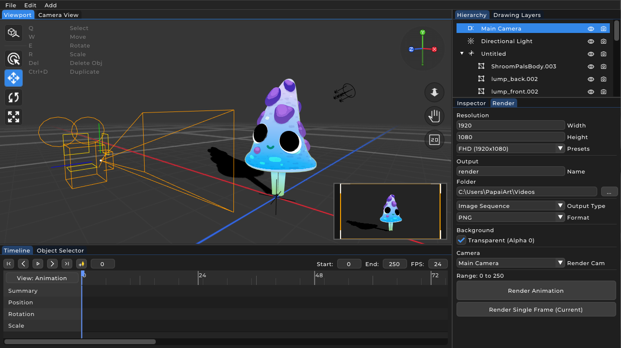3D viewport, hierarchy panel and modifier stack in PapaiArt Animation Studio